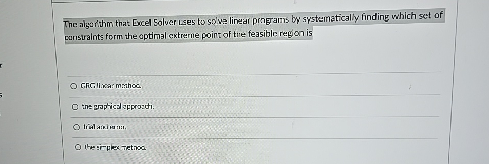  The algorithm that Excel Solver uses to solve linear programs by