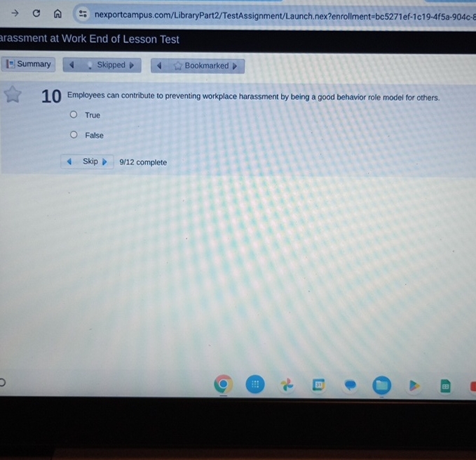  :. nexportcampus.com/LibraryPart2/TestAssignment/Launch.nex?enrollment=bc5271ef-1c19-4f5a-904c-8 arassment at Work End of Lesson Test 10 Employees