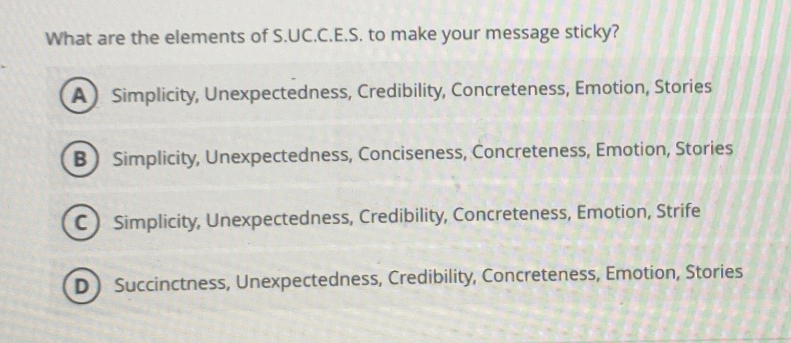  What are the elements of S.UC.C.E.S. to make your message sticky?