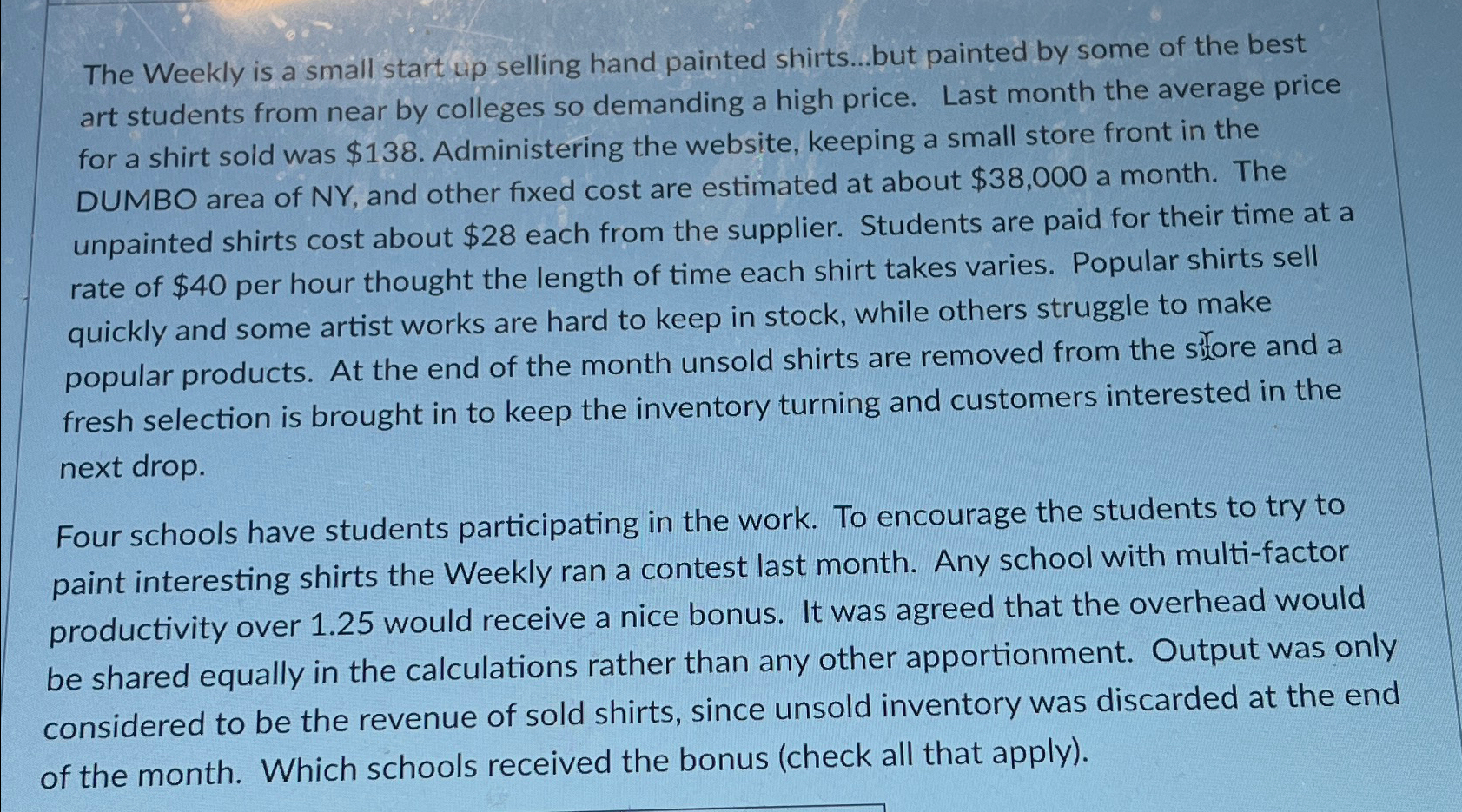  The Weekly is a small start up selling hand painted shirts...but