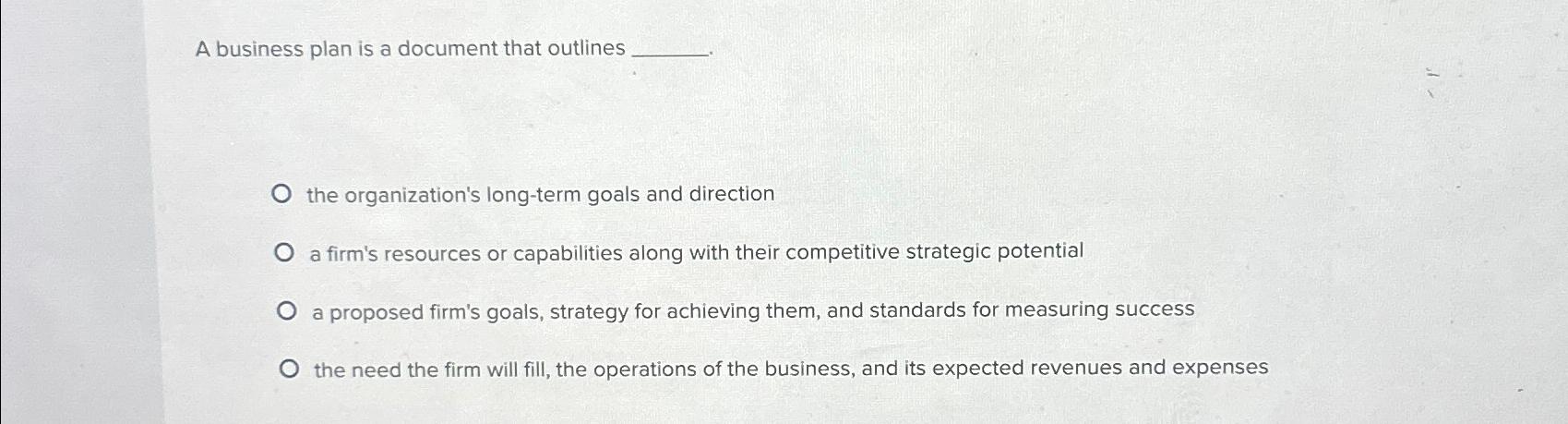  A business plan is a document that outlines the organization's long-term