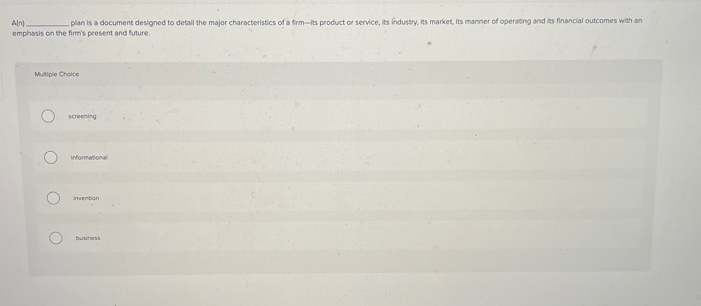  A(n)q, plan is a document designed to detail the major characteristics