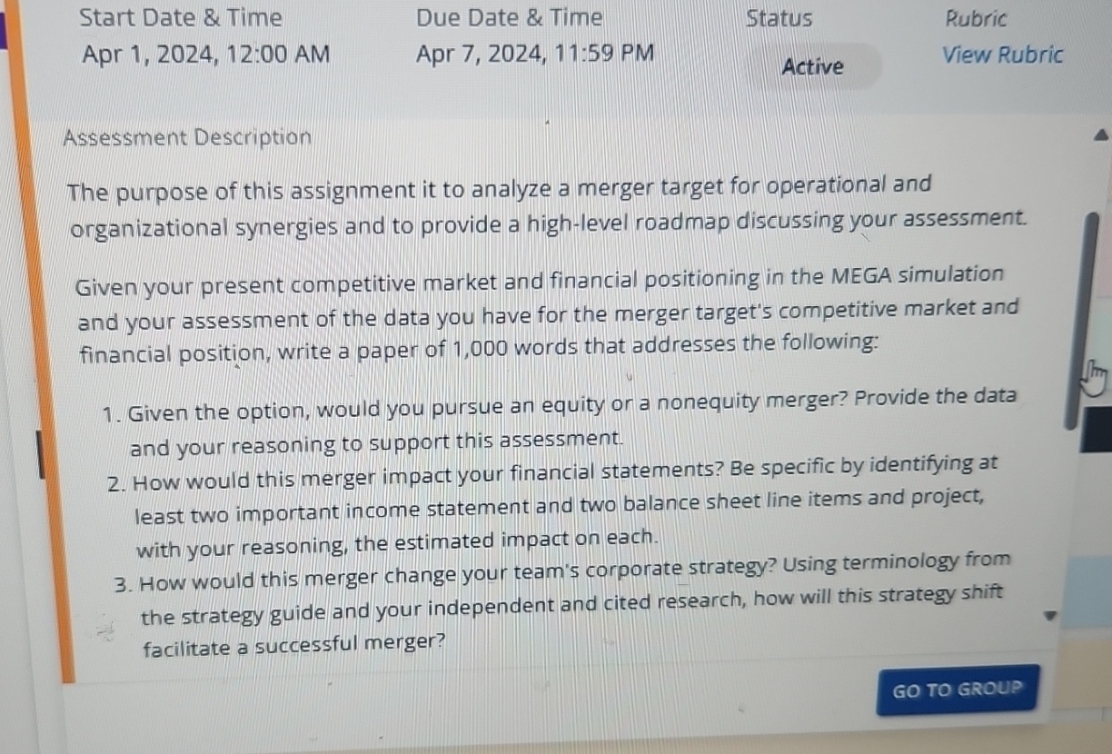  Start Date & Time Due Date & Time Status Rubric Apr