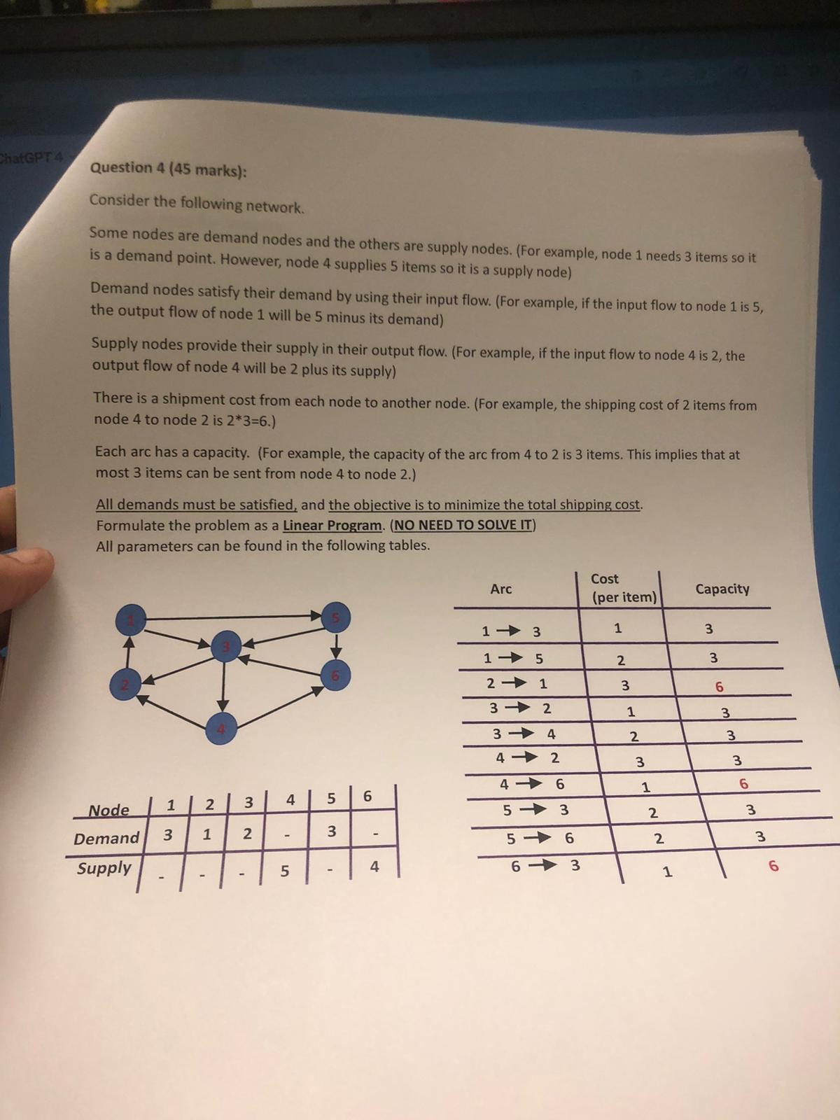  Question 4(45 marks): Consider the following network. Some nodes are demand