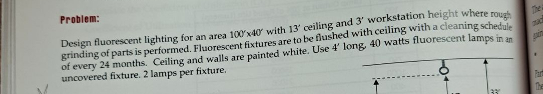  Problem: Design fluorescent lighting for an area 100'40' with 13' ceiling