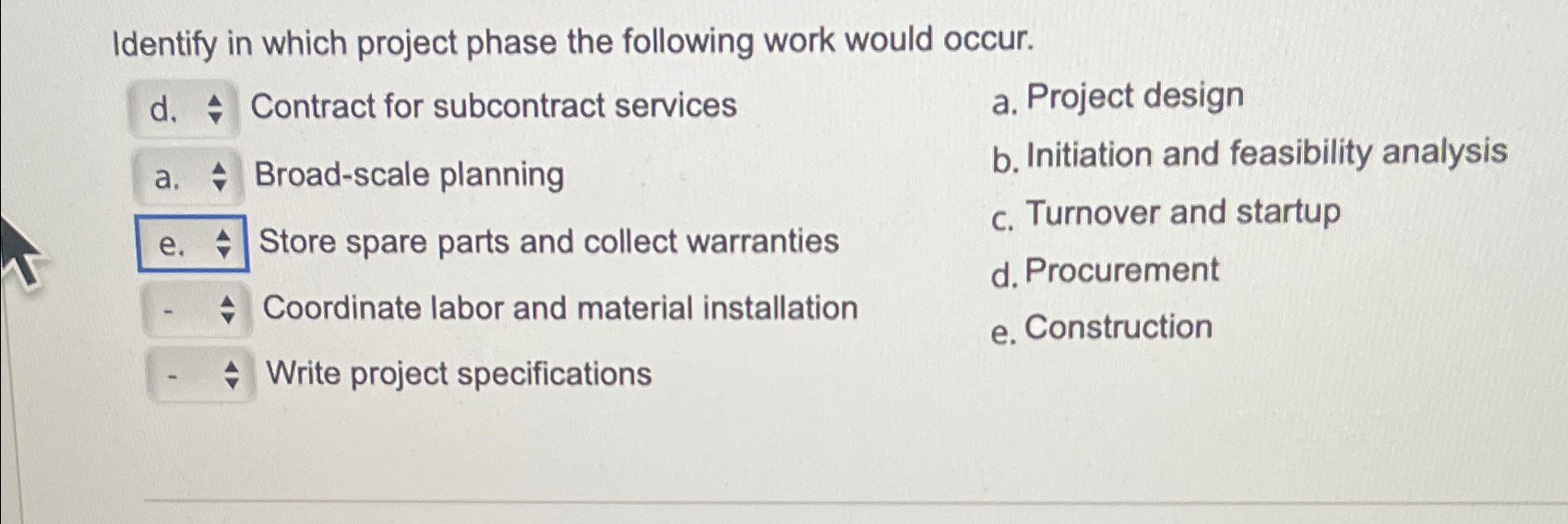  Identify in which project phase the following work would occur. Contract