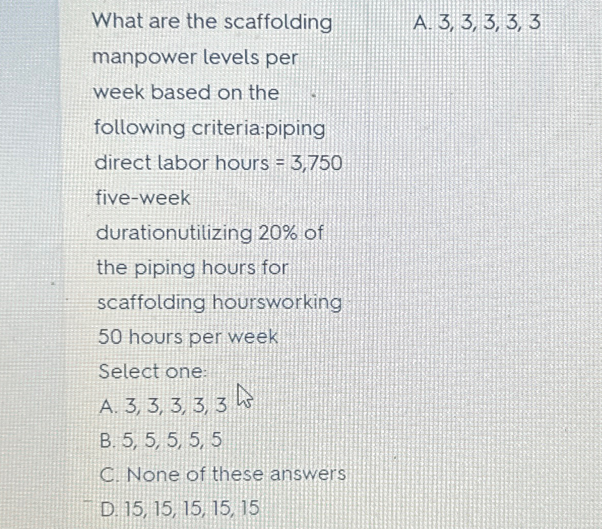  What are the scaffolding A.3,3,3,3,3 manpower levels per week based on