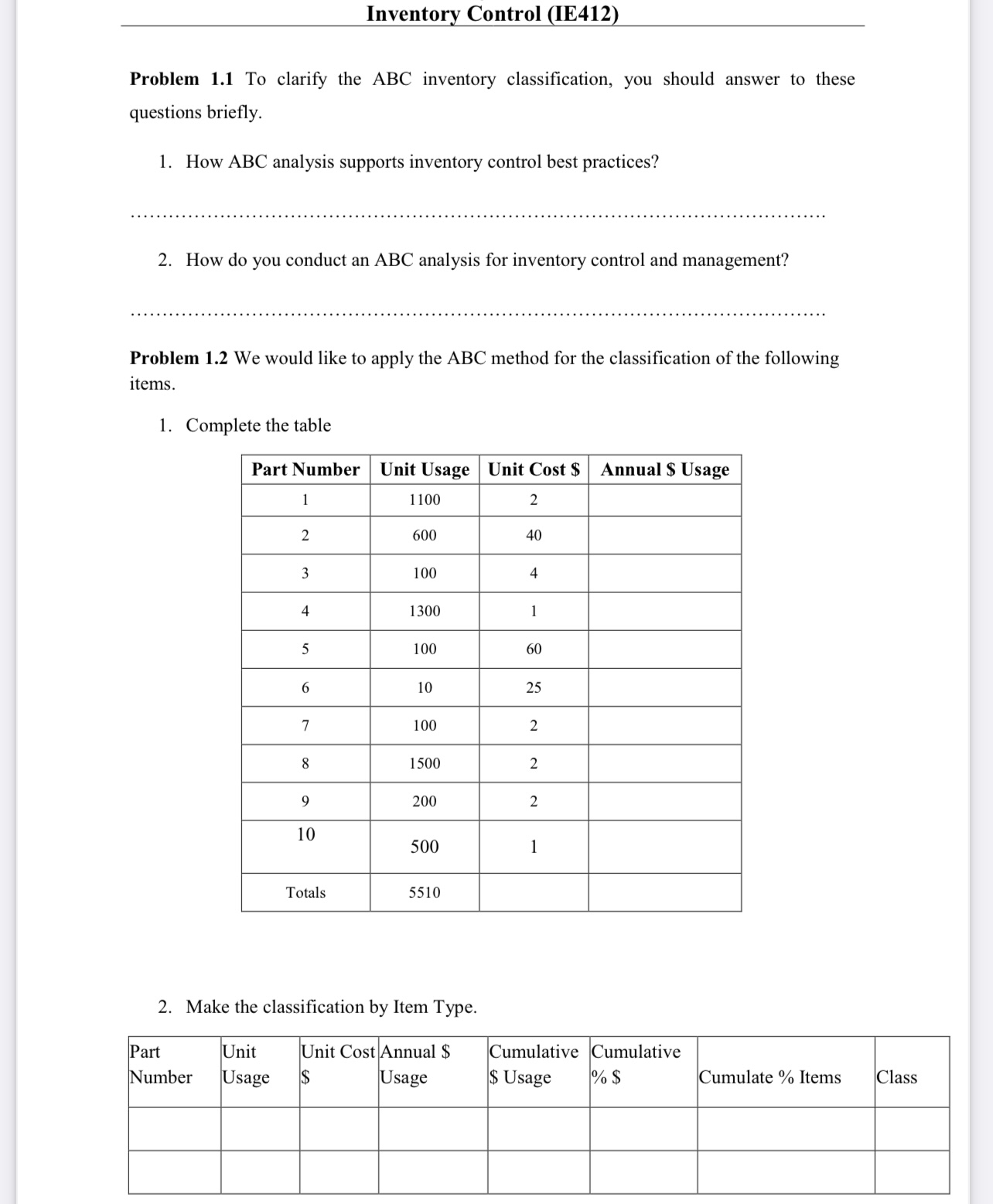  Inventory Control Problem 1.1 To clarify the ABC inventory classification, you
