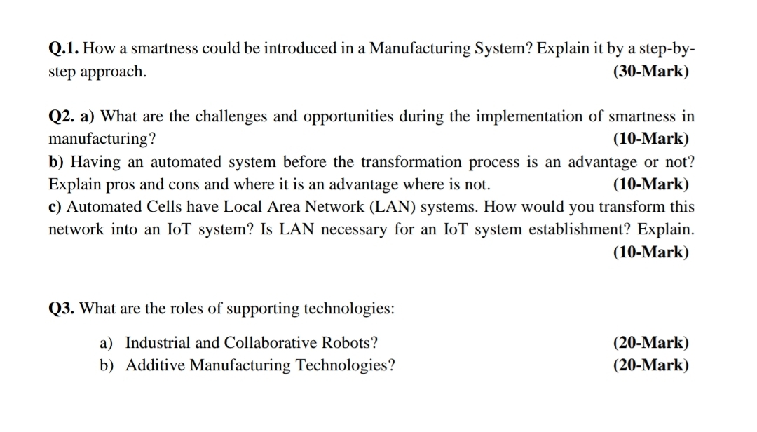  Q.1. How a smartness could be introduced in a Manufacturing System?