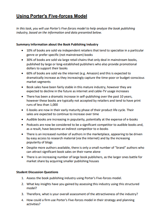 Using Porter's Five-forces Model In this task, you will use Porter's