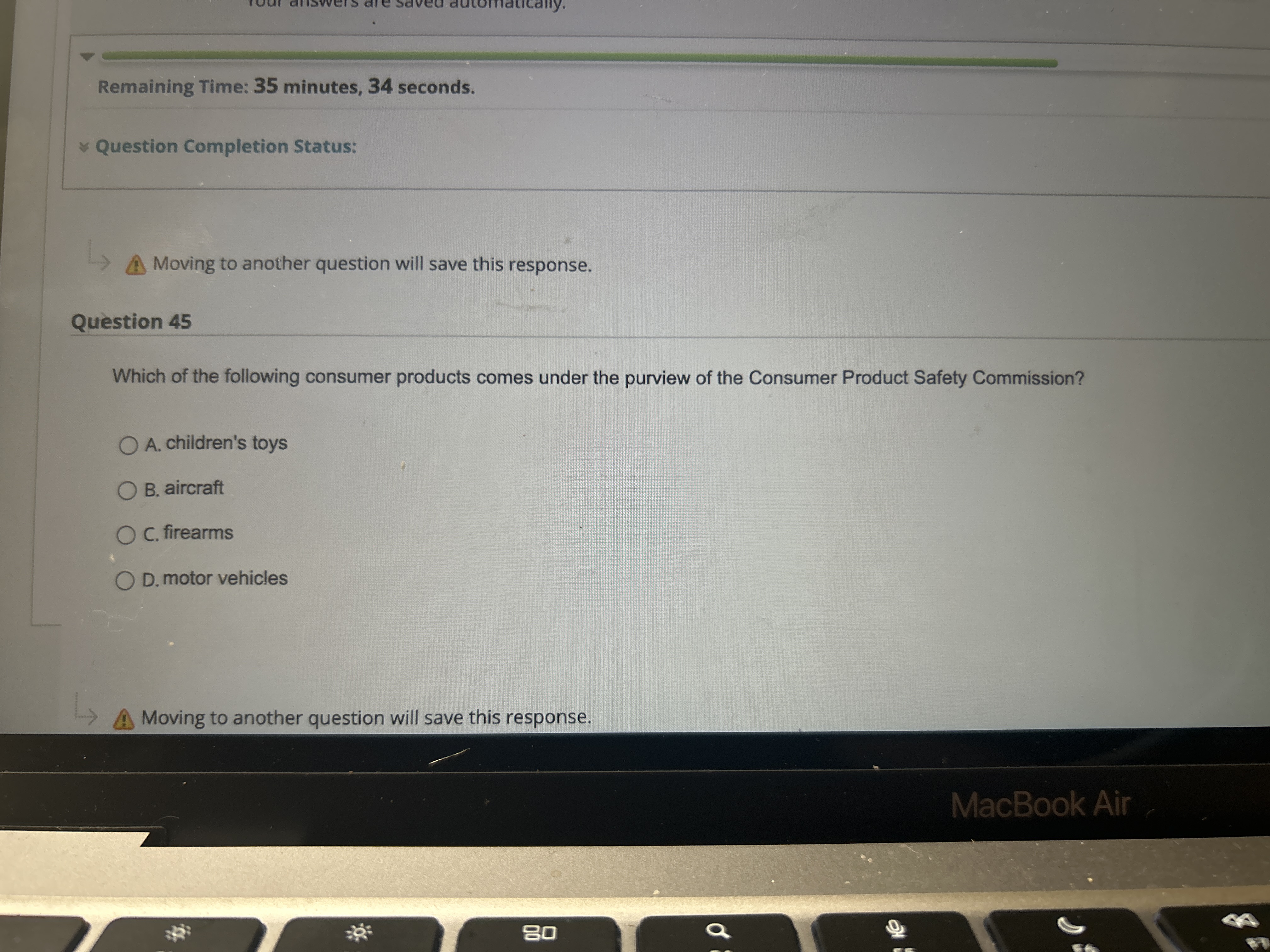  Remaining Time: 35 minutes, 34 seconds. Question Completion Status: Moving to