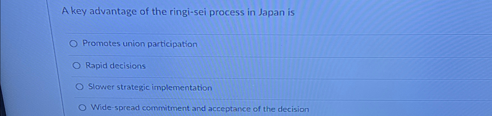  A key advantage of the ringi-sei process in Japan is Promotes