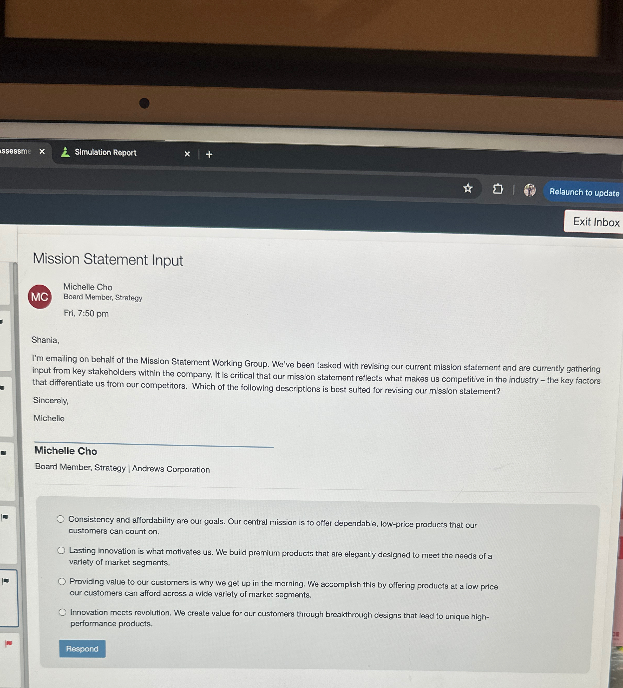  issessme Simulation Report Relaunch to update Exit Inbox Mission Statement Input