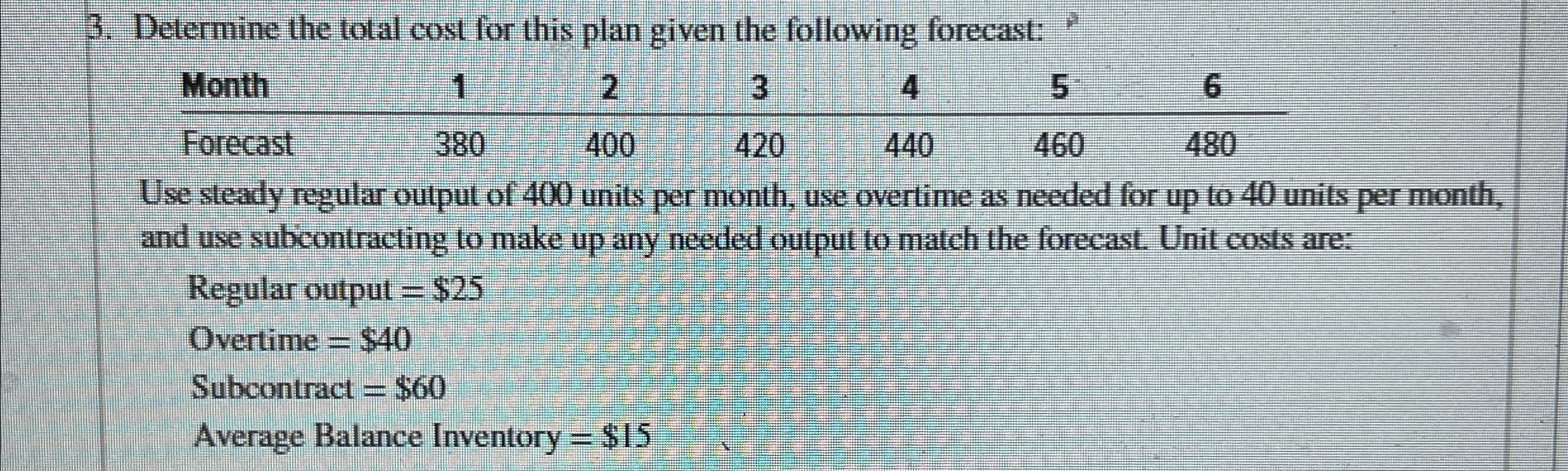  Determine the total cost for this plan given the following forecast: