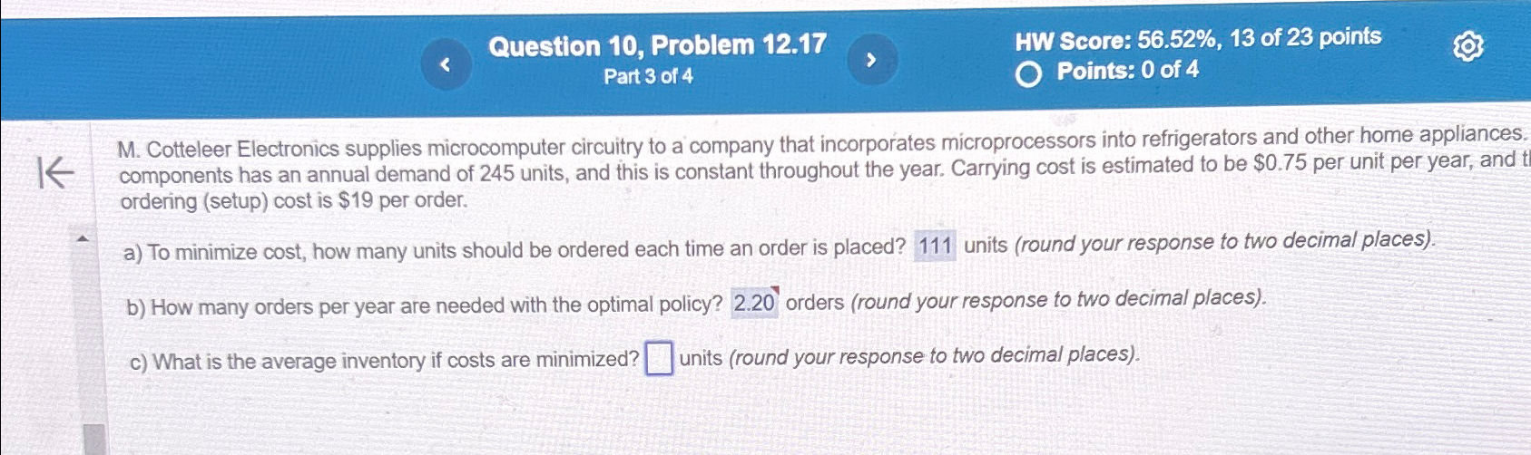  Question 10, Problem 12.17 HW Score: 56.52%,13 of 23 points Part