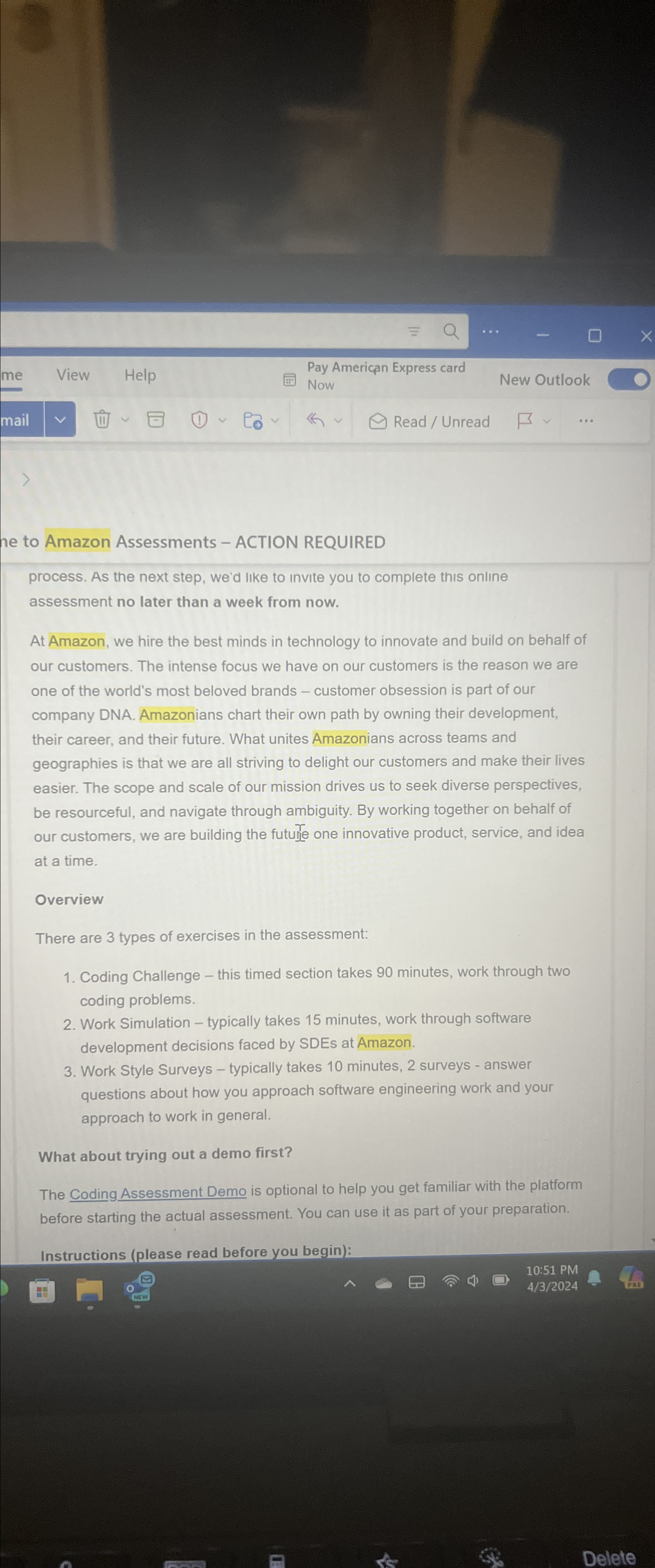  he to Amazon Assessments - ACTION REQUIRED process. As the next