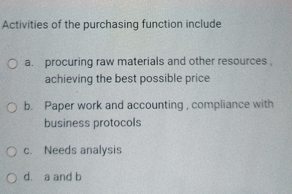  Activities of the purchasing function include a. procuring raw materials and