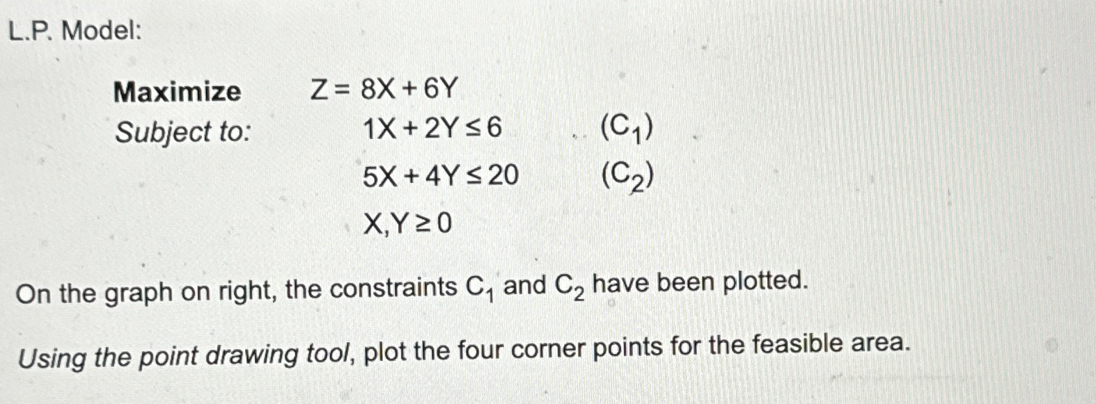  L.P. Model: Maximize Z=,8x+6Y Subject to: x+2Y6 ,5x+4Y20,(C1) ,(C2) , On