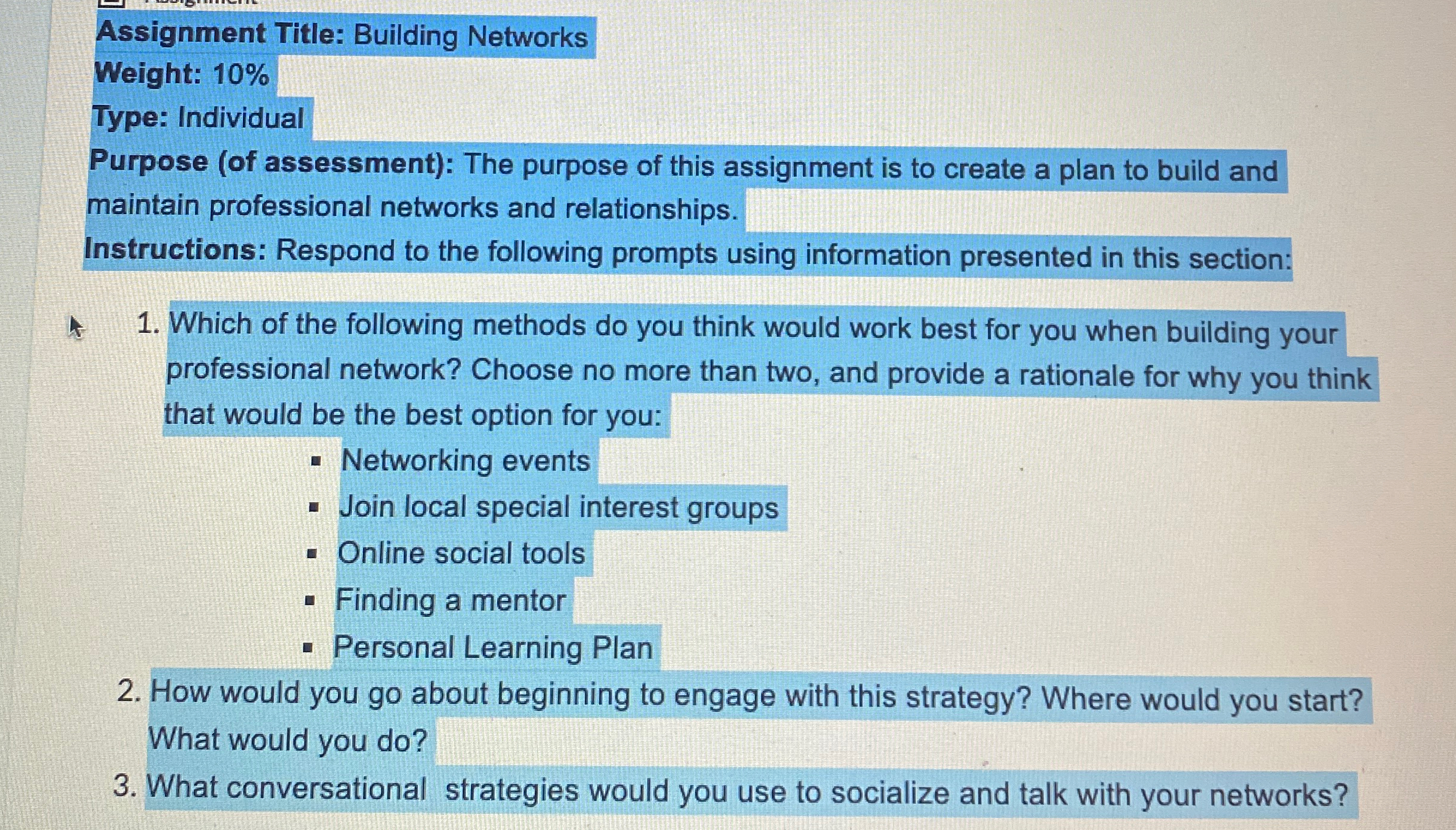  Assignment Title: Building Networks Weight: 10% Type: Individual q, Purpose (of
