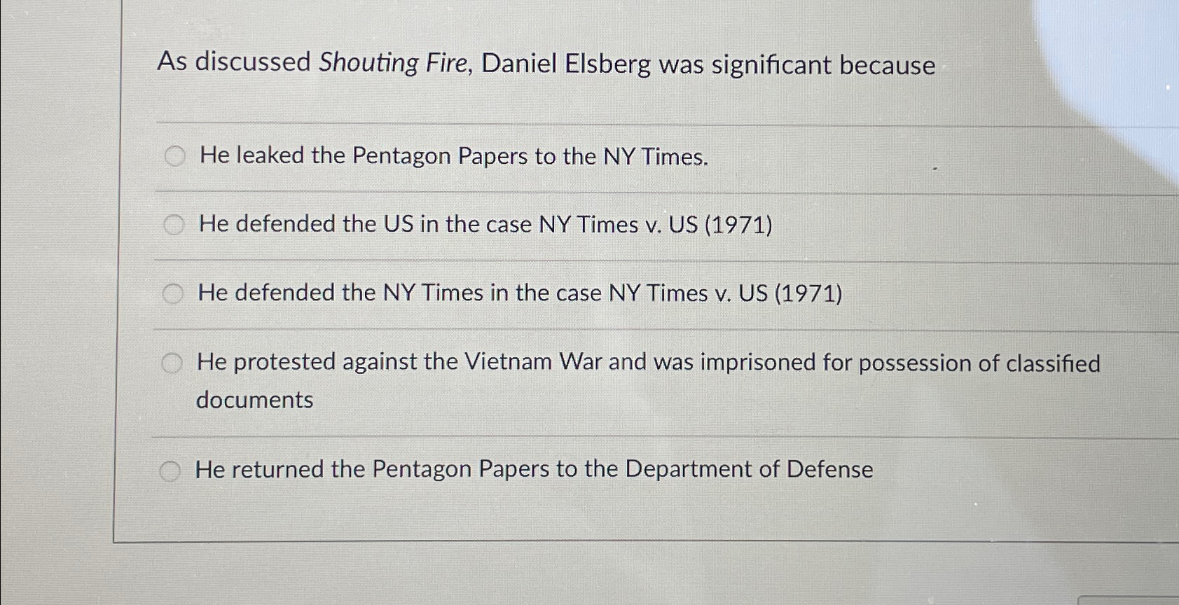 As discussed Shouting Fire, Daniel Elsberg was significant because He leaked