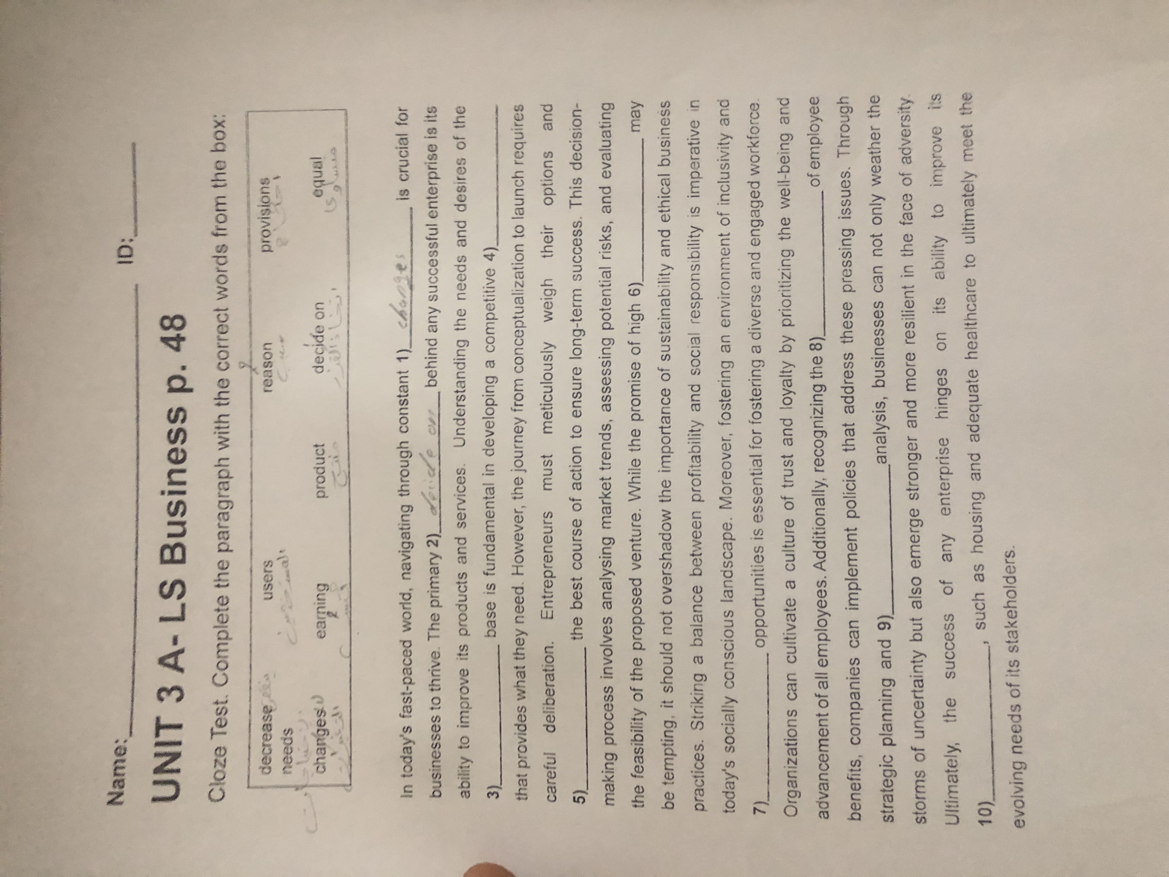  Name: ID: UNIT 3 A- LS Business p.48 Cloze Test. Complete