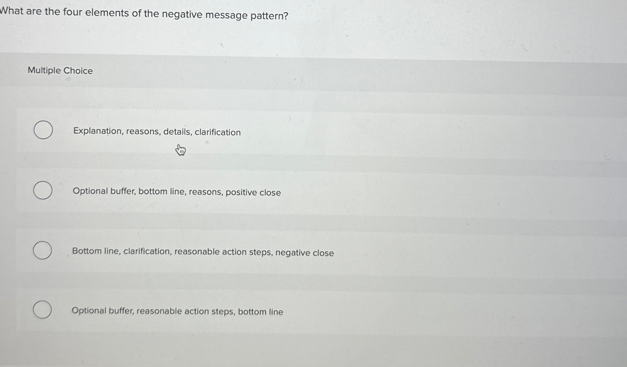  What are the four elements of the negative message pattern? Multiple