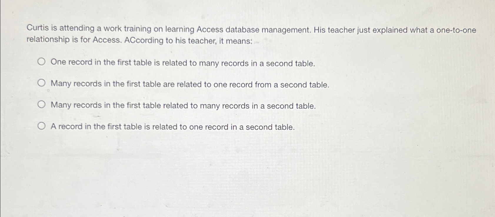  Curtis is attending a work training on learning Access database management.
