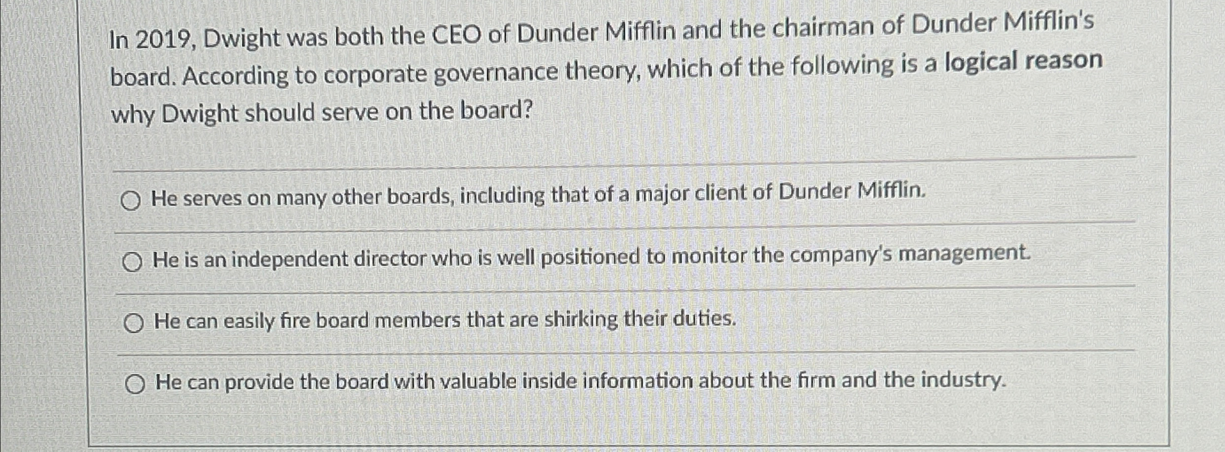  In 2019, Dwight was both the CEO of Dunder Mifflin and