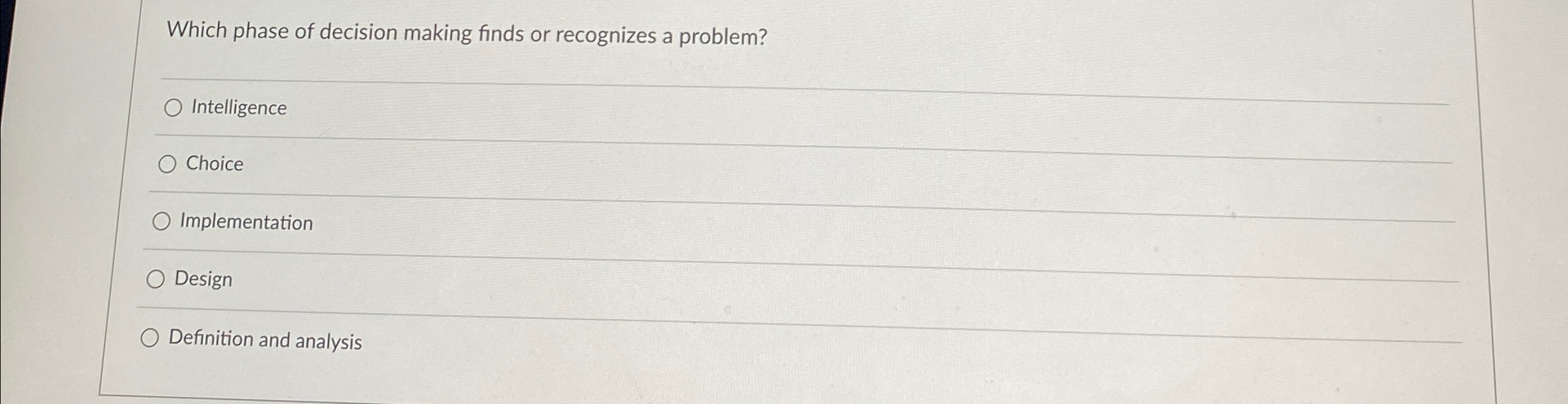  Which phase of decision making finds or recognizes a problem? Intelligence