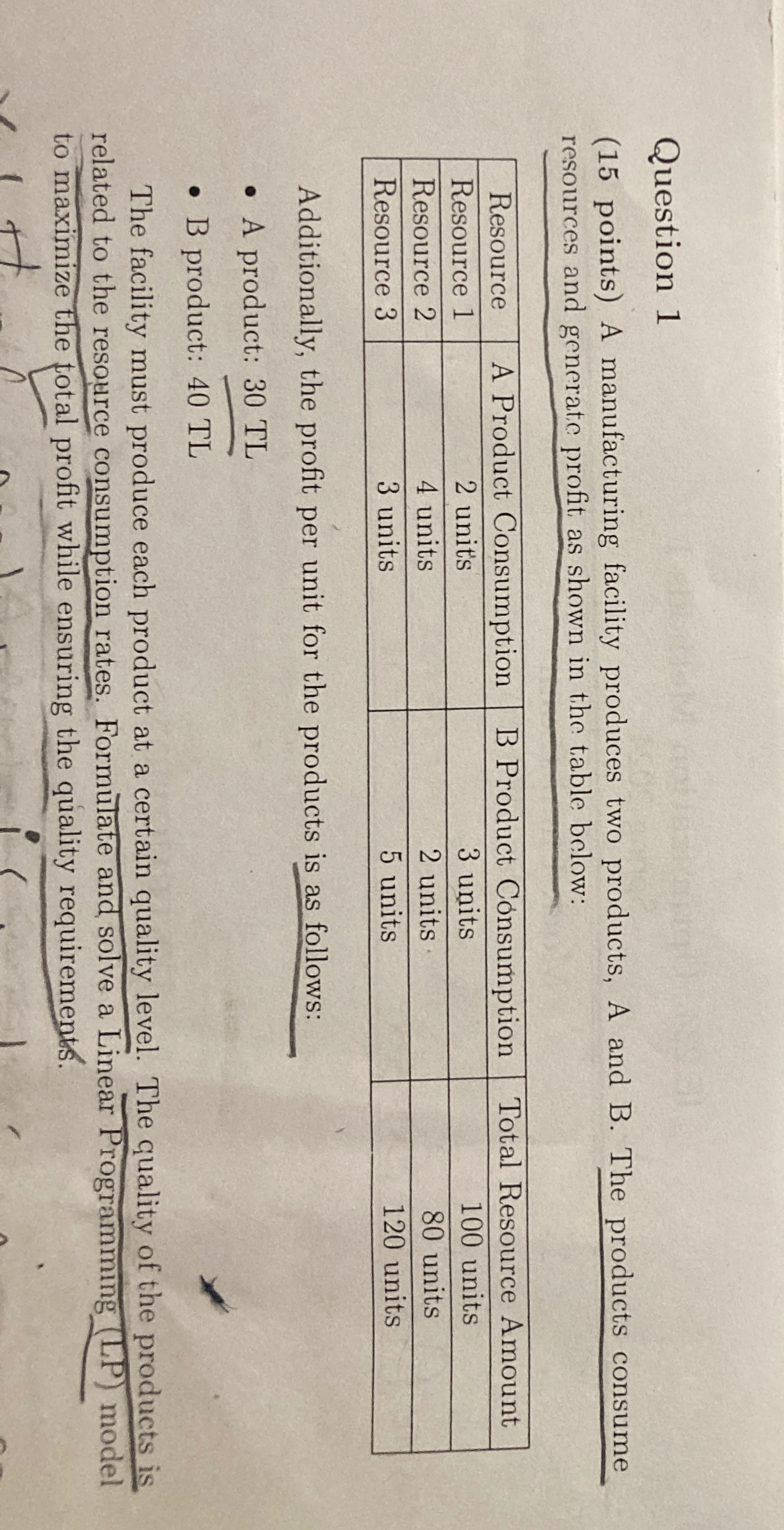  Question 1 (15 points) A manufacturing facility produces two products, A