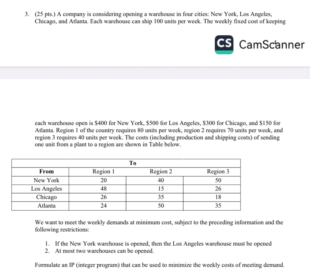  (25 pts.) A company is considering opening a warehouse in four