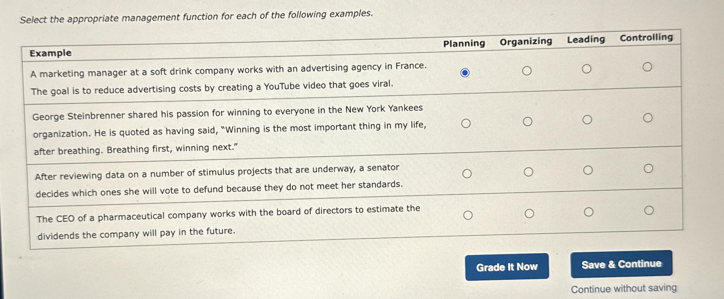  Select the appropriate management function for each of the following examples.
