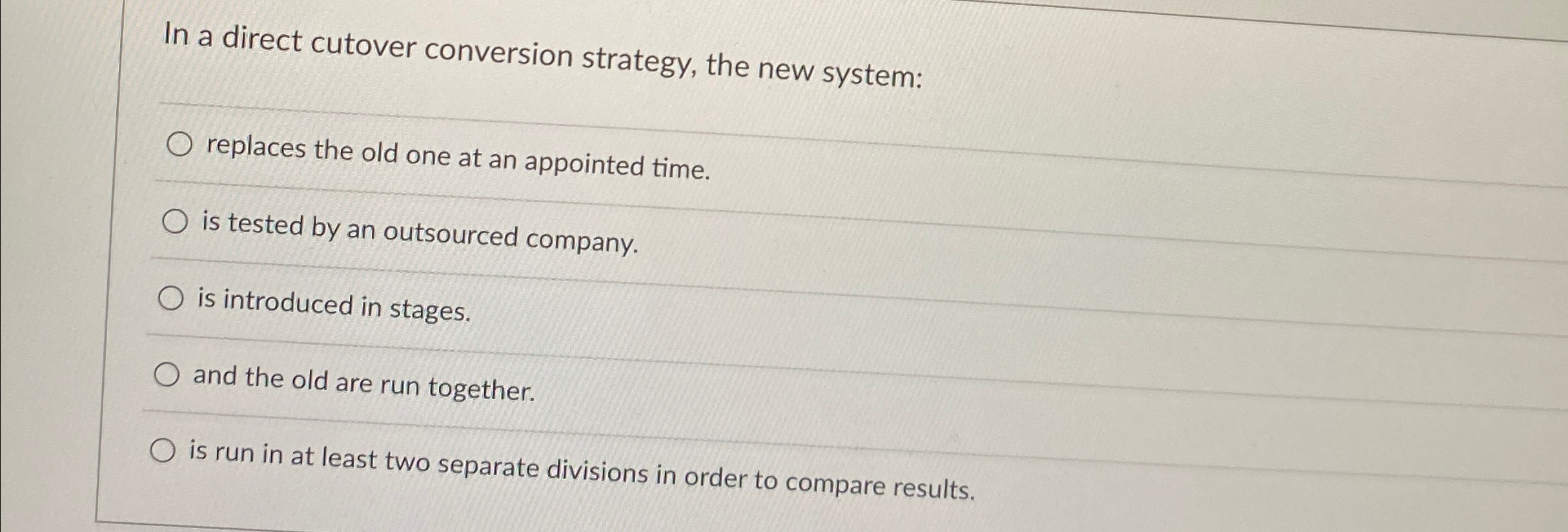  In a direct cutover conversion strategy, the new system: replaces the