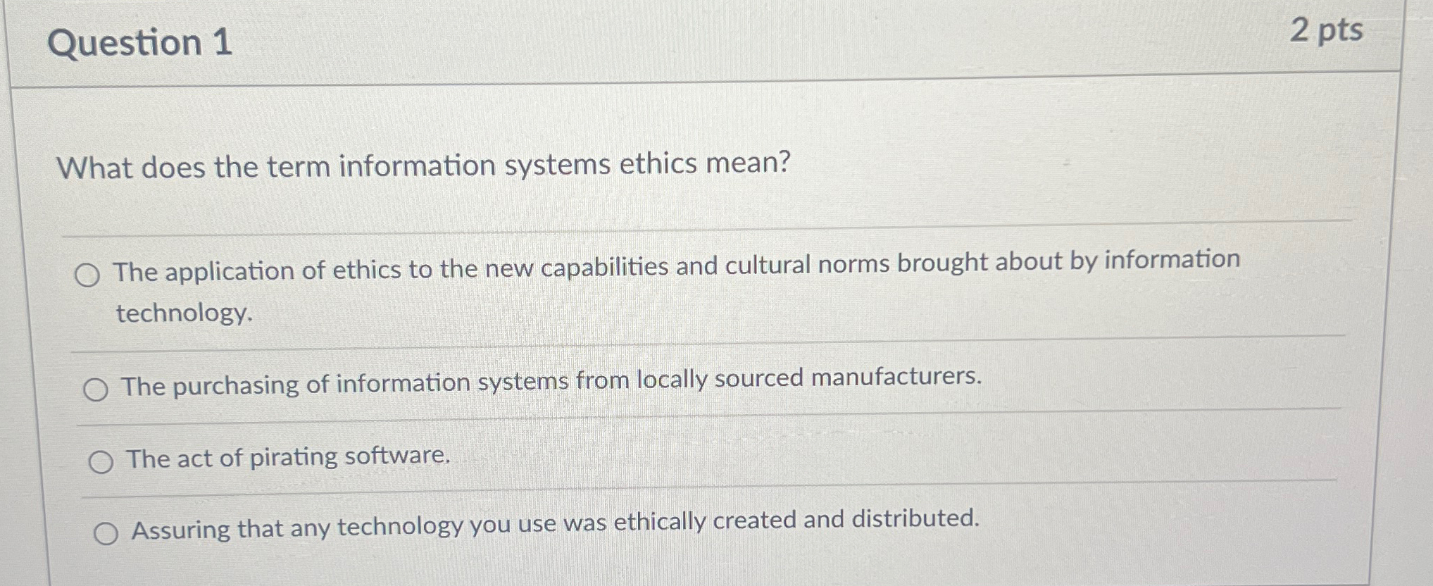  Question 1 2pts What does the term information systems ethics mean?