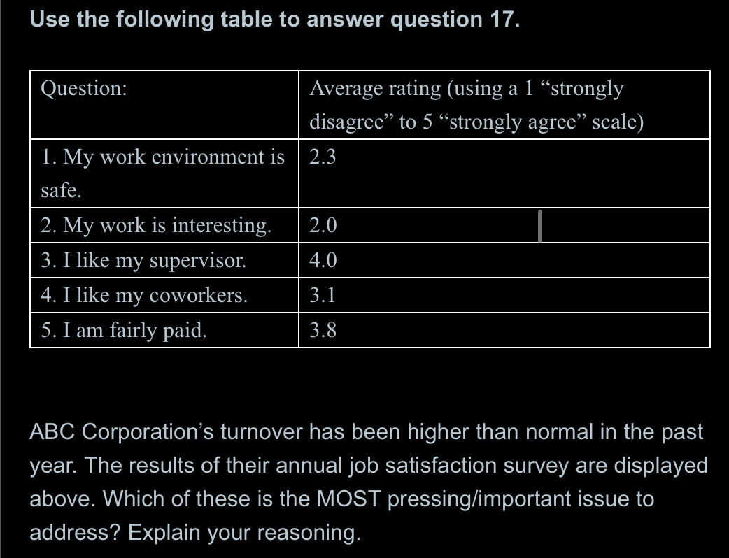  Use the following table to answer question 17. \table[[Question:,\table[[Average rating (using