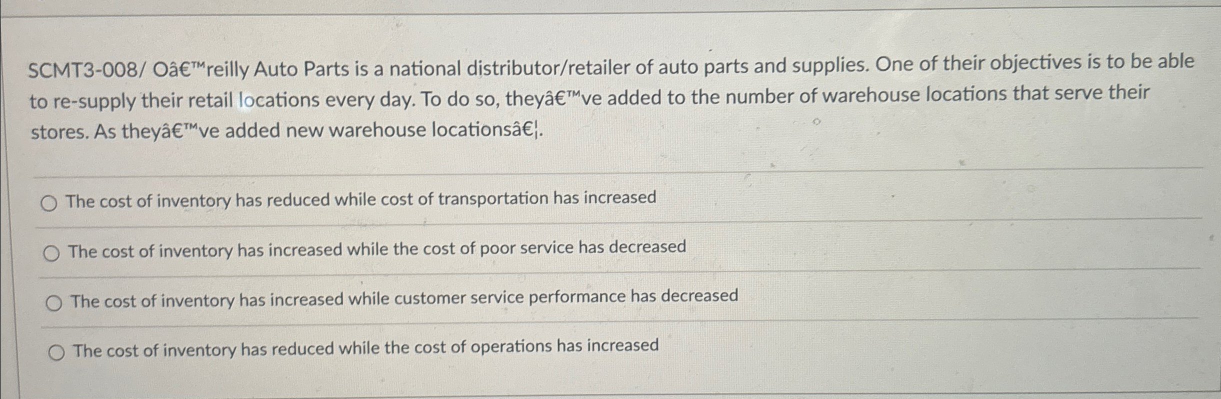  SCMT3-008/ O reilly Auto Parts is a national distributor/retailer of auto
