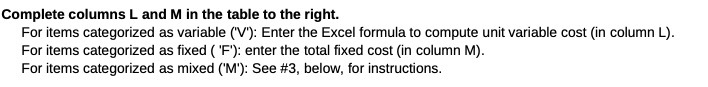 Complete columns L and M in the table to the right.