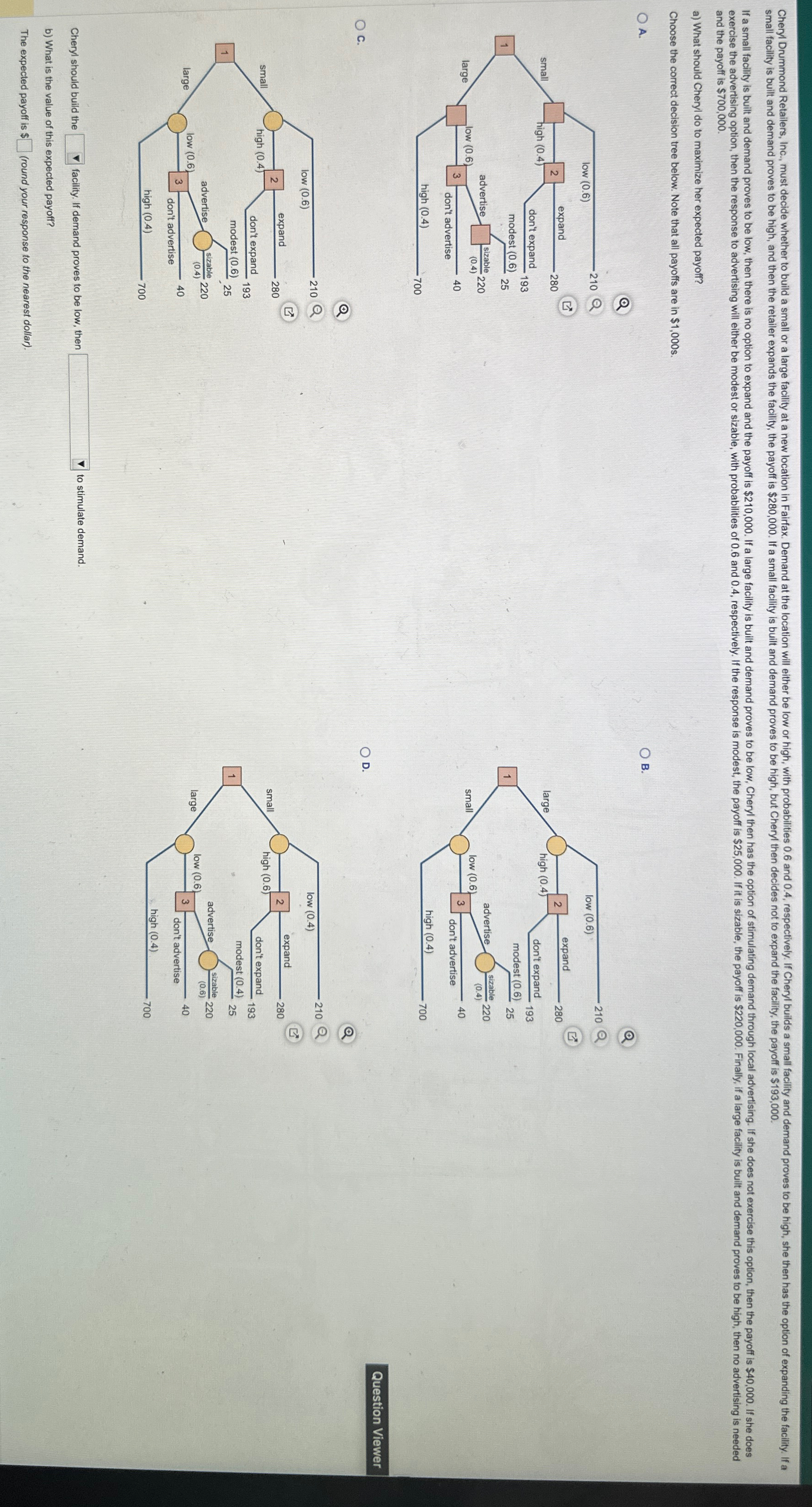  and the payoff is $700,000. a) What should Cheryl do to