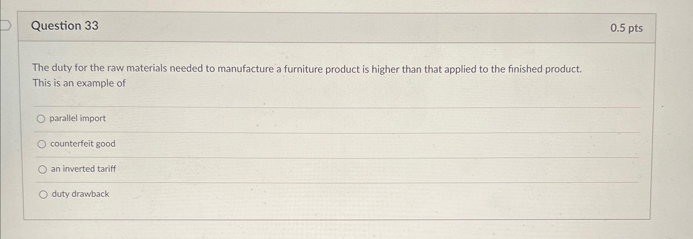  Question 33 0.5pts The duty for the raw materials needed to
