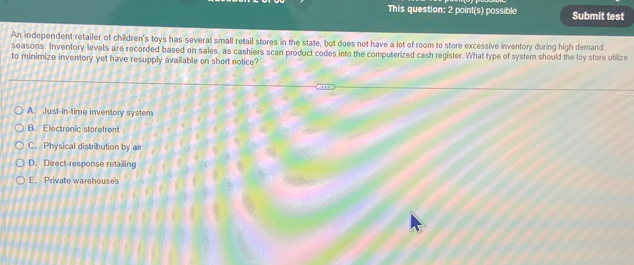  This question: 2 point(s) possible An independent retailer of children's toys