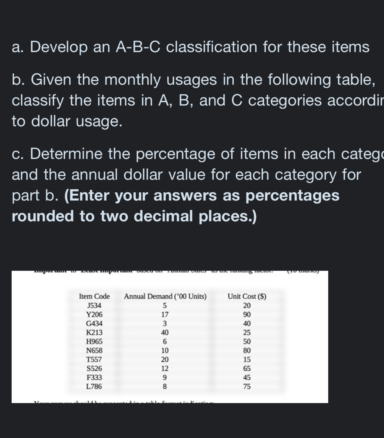 a. Develop an A-B-C classification for these items b. Given the