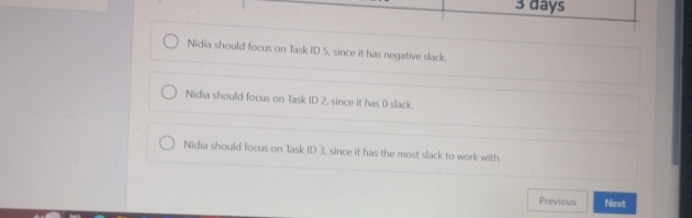  Nidia should focus on Task ID 5, since it has negative