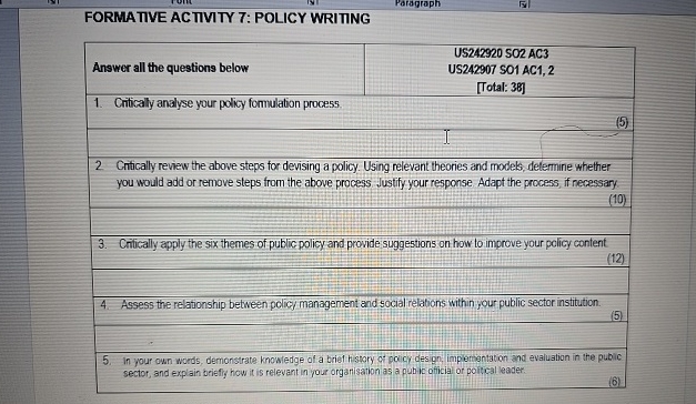  FORMATIVE ACTIVITY 7: POLICY WRITING 