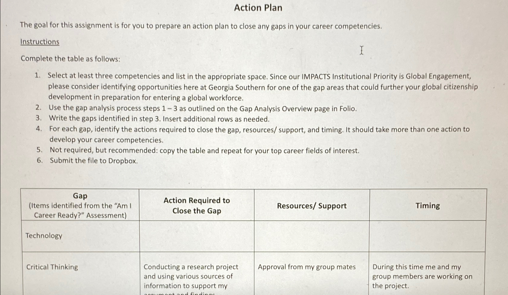  Action Plan The goal for this assignment is for you to