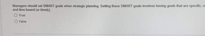  Managers should set SMART goals when strategic planning. Setting these SMART