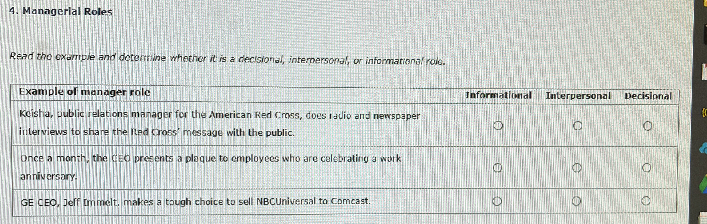  Managerial Roles Read the example and determine whether it is a