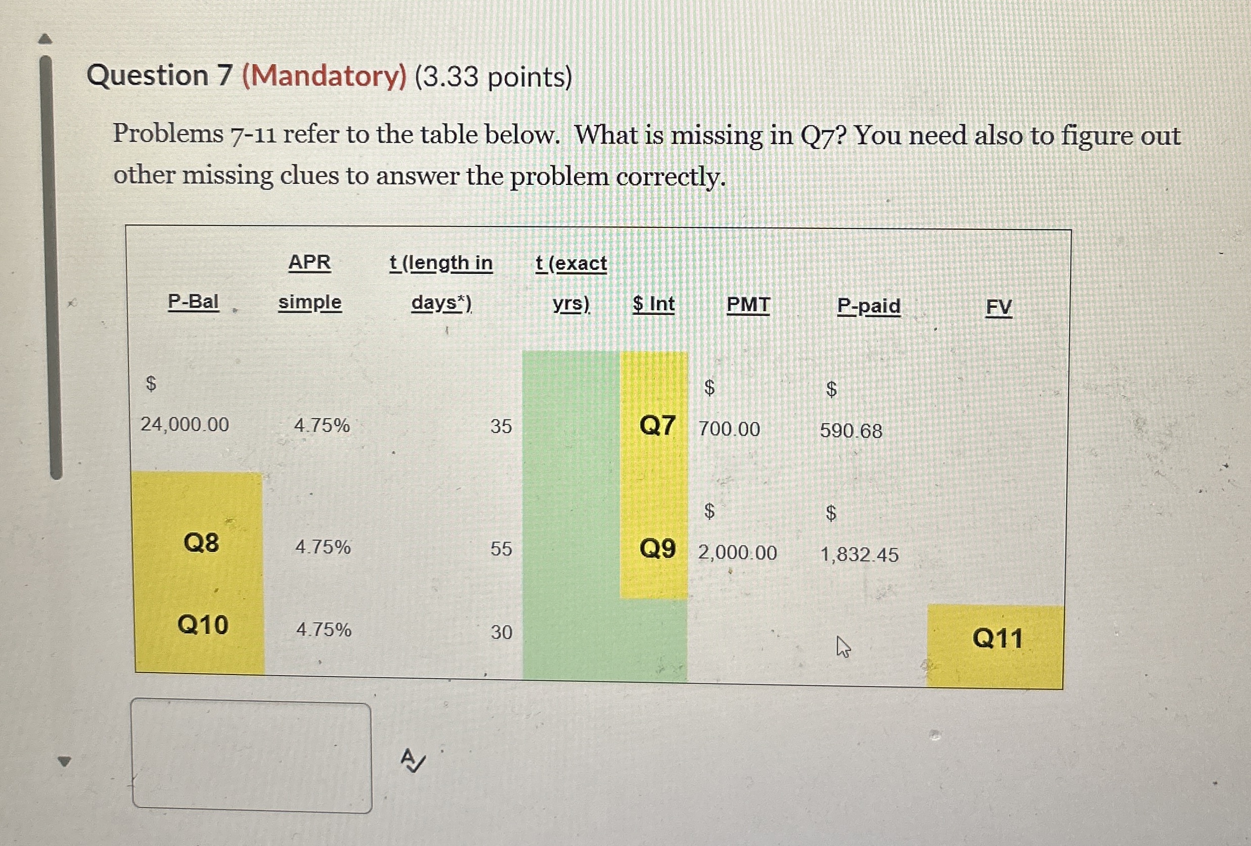  Question 7(Mandatory)(3.33 points) Problems 7-11 refer to the table below. What