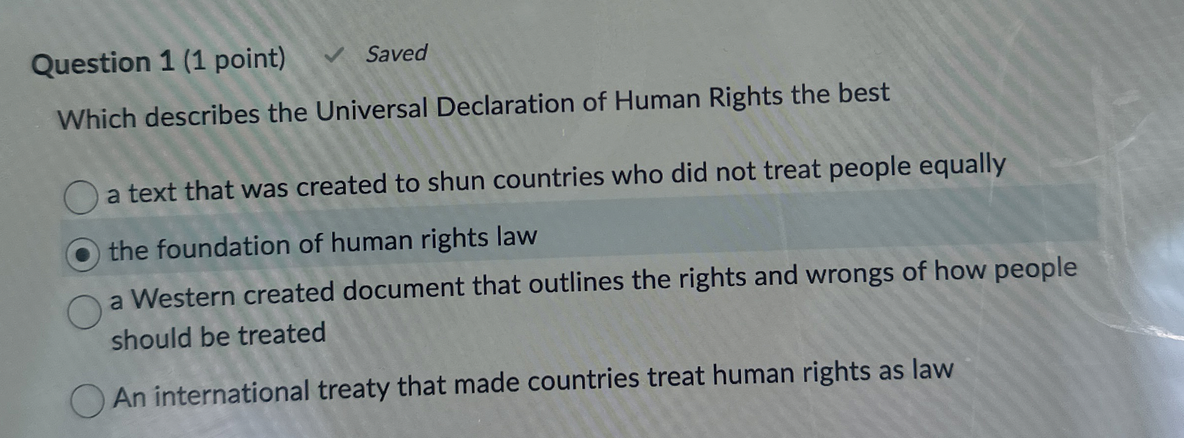  Question 1(1 point) Saved Which describes the Universal Declaration of Human