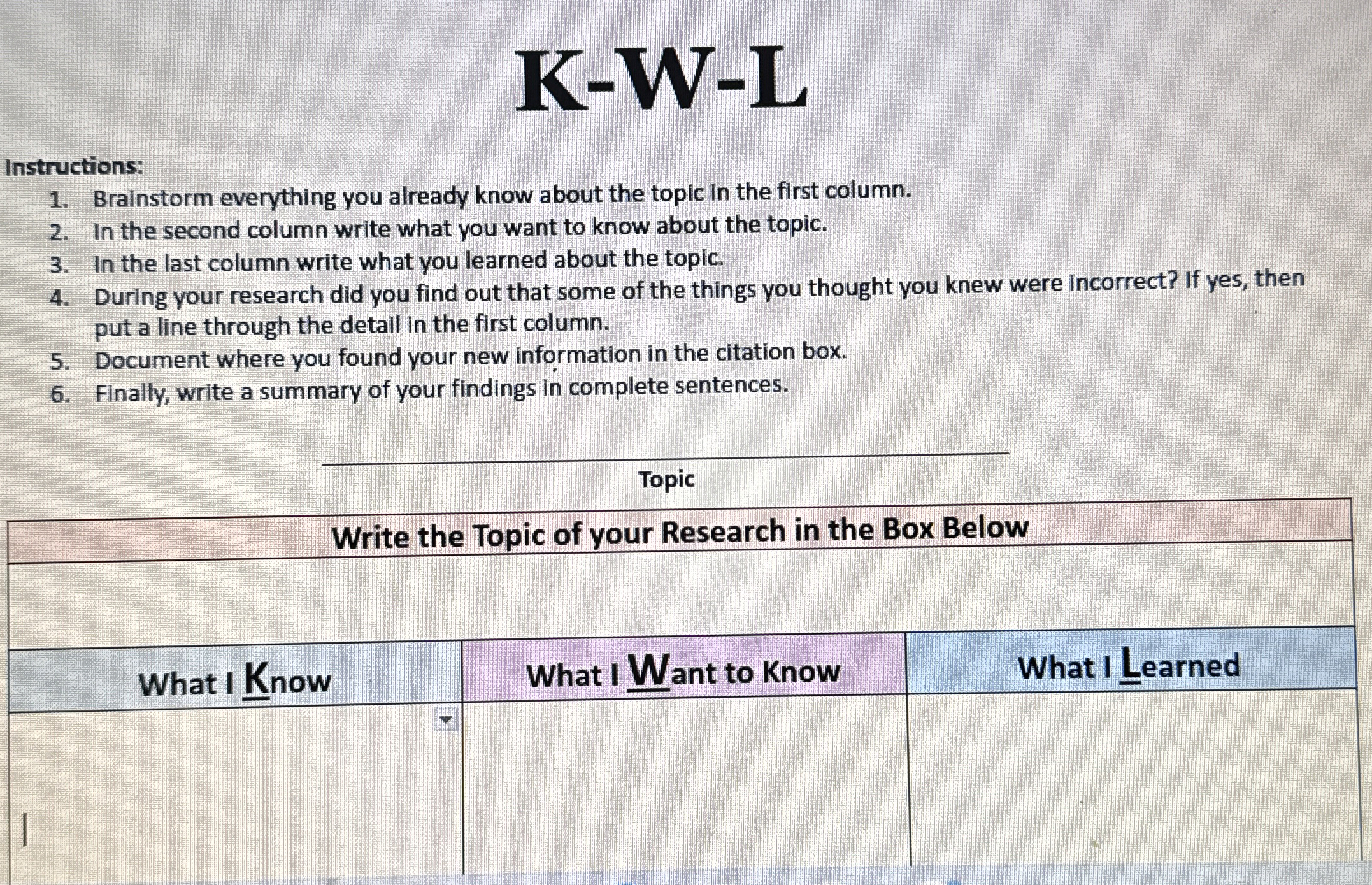  K-W= Instructions: Brainstorm everything you already know about the topic in