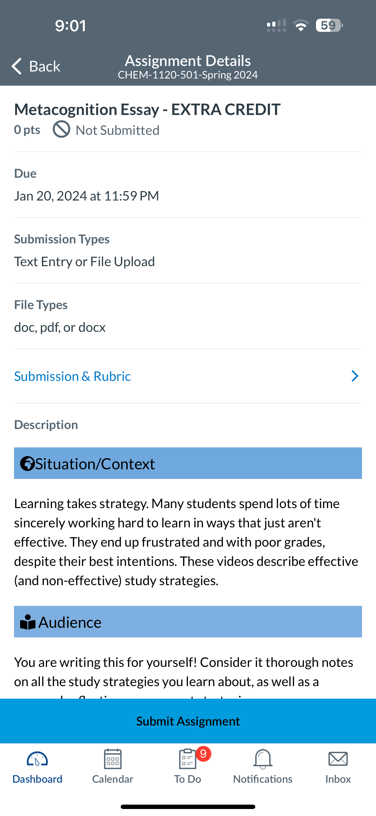  9:01 Back Assignment Details CHEM-1120-501-Spring 2024 Metacognition Essay - EXTRA CREDIT